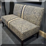 F19. Blue and white upholstered settee. 36” x 56” x 28” 